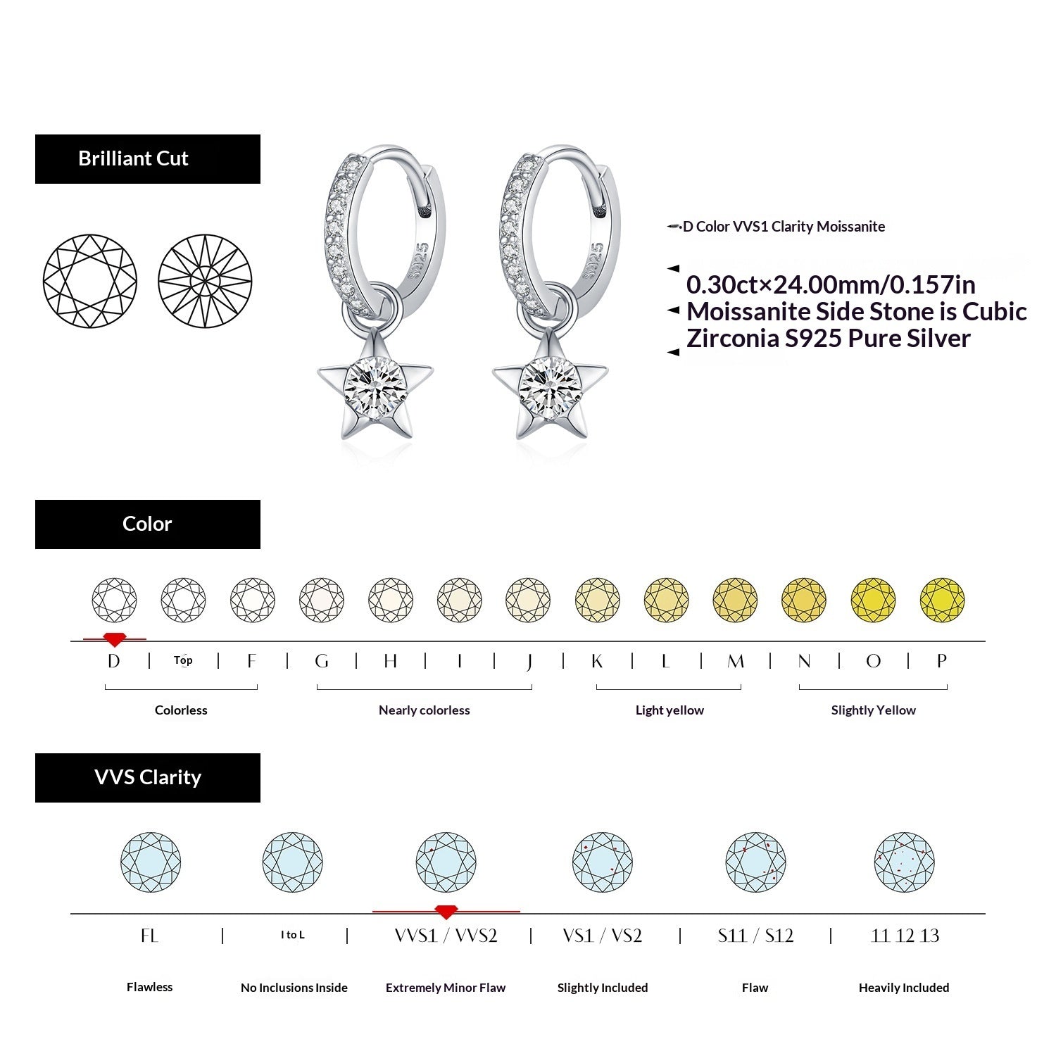 Mozan Diamond S925 Silver Trendy Commuter-style Diamond-studded Versatile Star Earrings