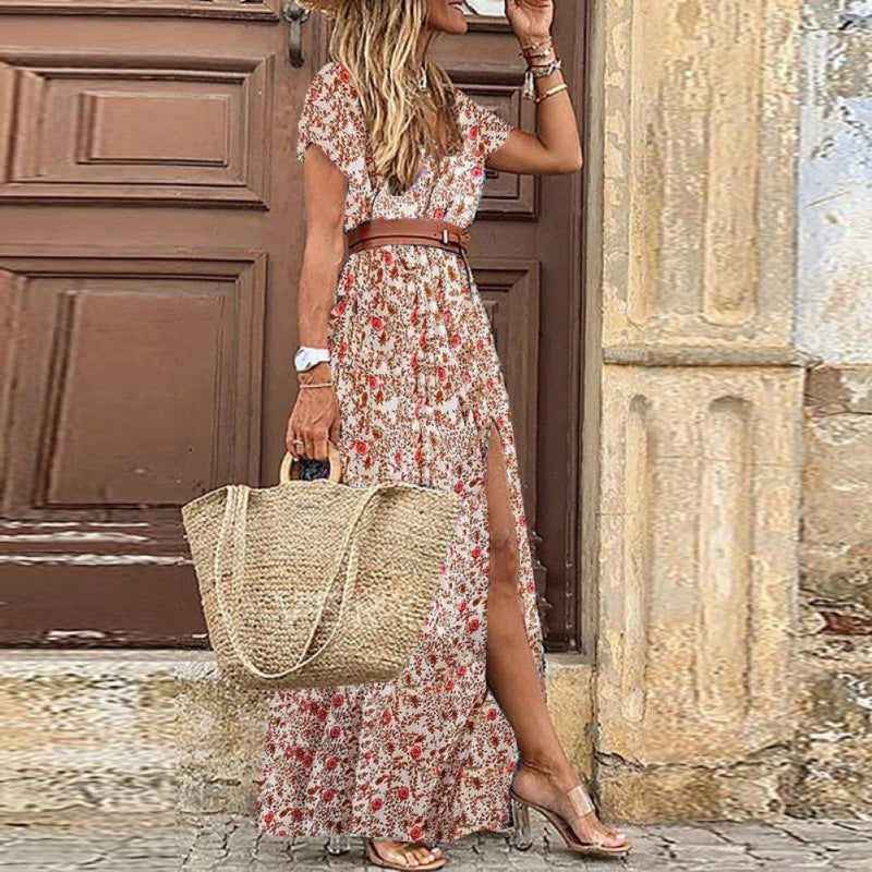 Boho Women V Neck Short Sleeve Paisley Print Bel