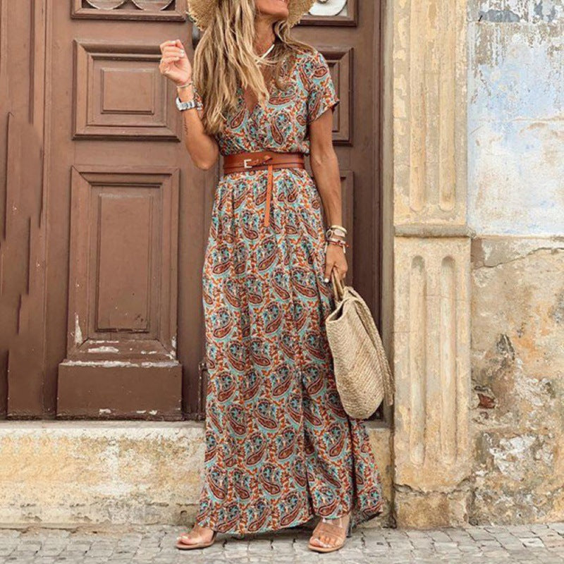 Boho Women V Neck Short Sleeve Paisley Print Bel