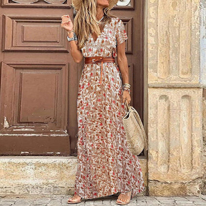 Boho Women V Neck Short Sleeve Paisley Print Bel