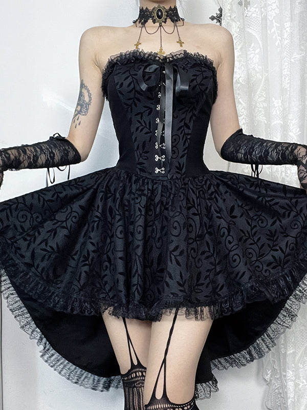 Halloween Dark Goth Flocking Bra Trailing Dress