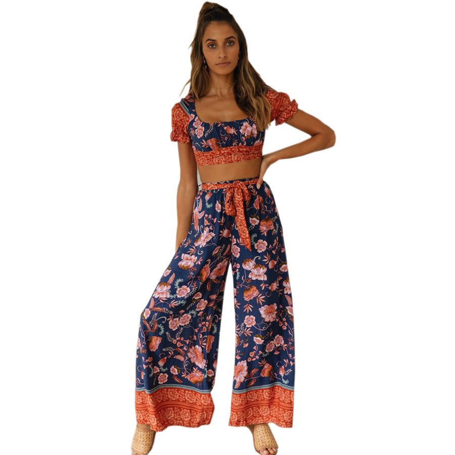 Bohemian Holiday Style Printed Suit Women Short Top  High Waist Trousers
