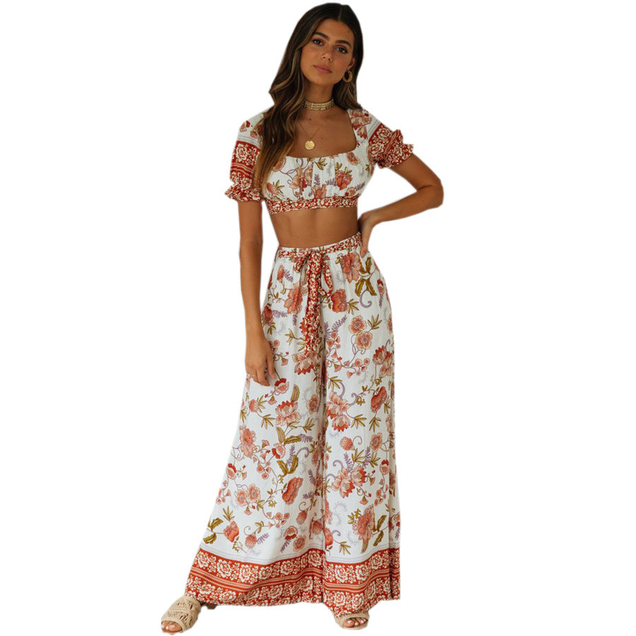 Bohemian Holiday Style Printed Suit Women Short Top  High Waist Trousers
