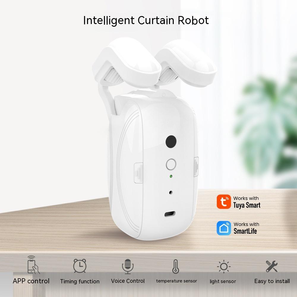 WiFi curtain robot attached to a Roman rod for automated curtain control.