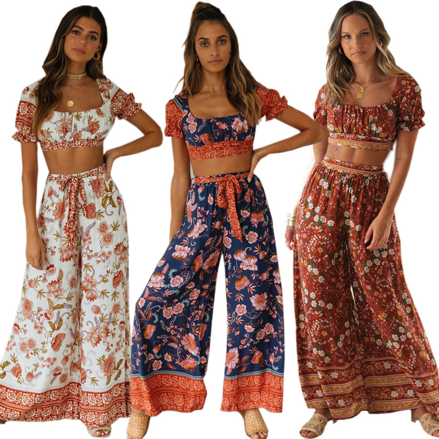 Bohemian Holiday Style Printed Suit Women Short Top  High Waist Trousers